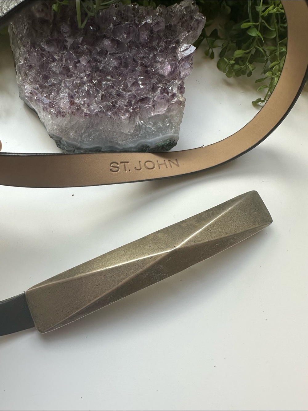 St. John Black Leather Belt with Sculpted Gold-Tone Geometric Buckle